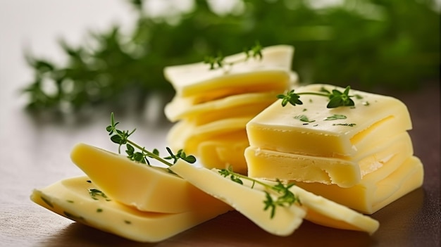 Une pile de fromages avec du persil sur le dessus