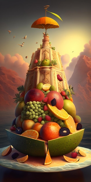 Une pile de fruits avec une tour dessus