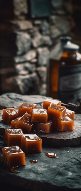 Une pile de fudge au caramel salé sur une surface en pierre.