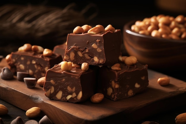 Une pile de fudge au chocolat avec des cacahuètes sur le dessus