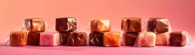 Une pile de fudges au chocolat avec un fond rose