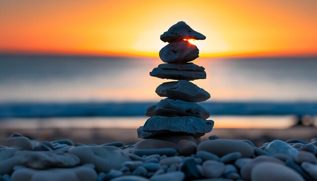 Photo pile de galets d'équilibrage zen à côté du paysage marin au coucher du soleil