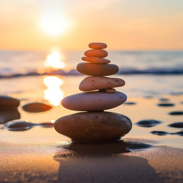 Pile de galets de plage au lever du soleil Generative AI