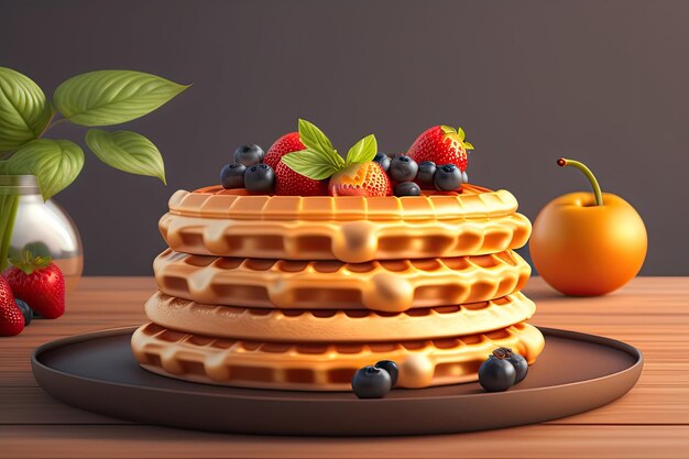 Une pile de gaufres aux fraises et bleuets sur la table