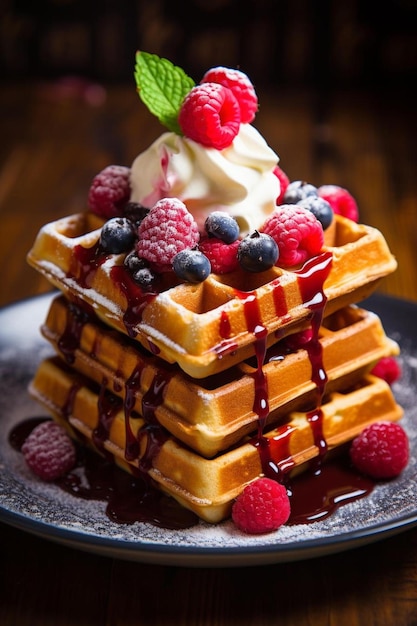 une pile de gaufres avec des baies et du sirop sur le dessus