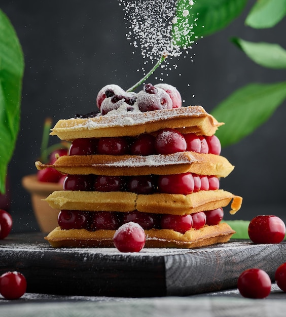 Pile de gaufres belges cuites au four avec des cerises rouges mûres saupoudrées de petit-déjeuner de sucre en poudre