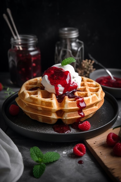 Une pile de gaufres avec une boule de confiture de framboise sur le dessus