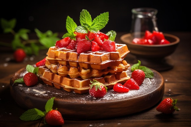 Une pile de gaufres avec du sirop d'érable contre une cuisine de ferme rustique