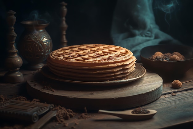 Une pile de gaufres sur une table avec un bol de cannelle