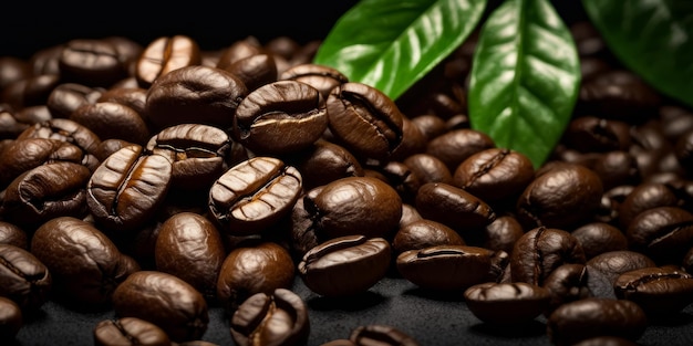 Une pile de grains de café avec des feuilles sur le dessus