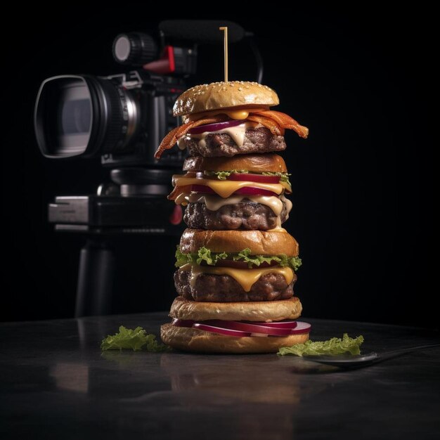 Photo une pile de hamburgers assis sur le dessus d'une table