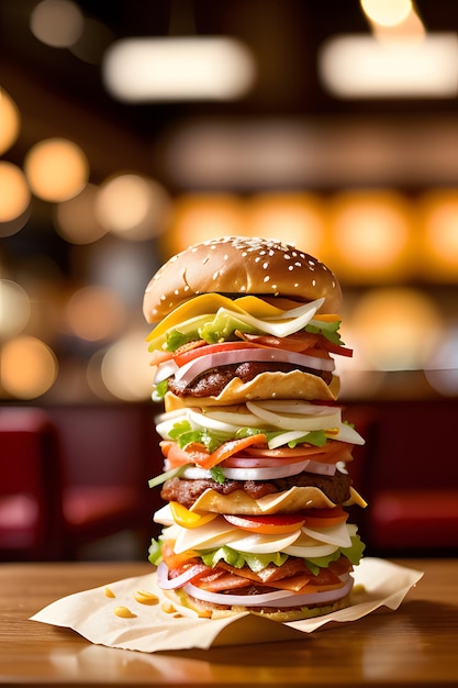 Une pile de hamburgers avec du fromage et de la viande sur le dessus