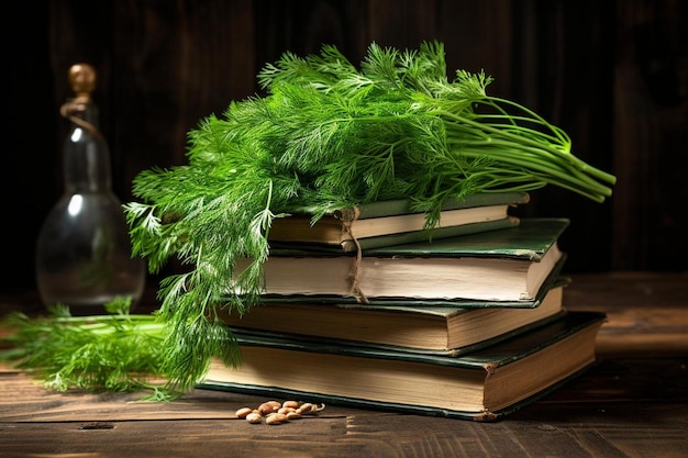 une pile d'herbes vertes au-dessus d'une pile de livres.