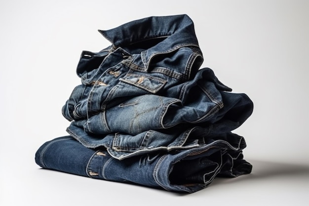 Une pile de jeans bleus sur fond blanc