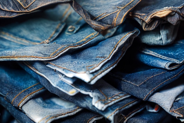 Une pile de jeans bleus avec le mot denim en bas