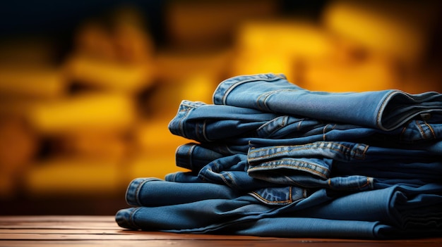 Photo pile de jeans bleus sur une table en bois piles de vêtements jaunes sur fond flou concept de mode et de vente au détail espace de copie