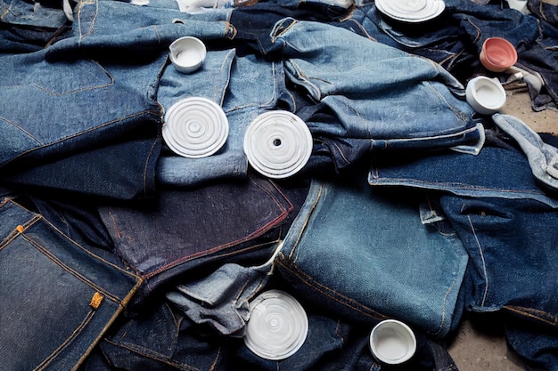 Photo une pile de jeans avec un couvercle en métal dessus