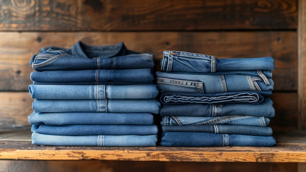 Une pile de jeans et une pile de T-shirts se trouvent côte à côte sur une étagère du placard