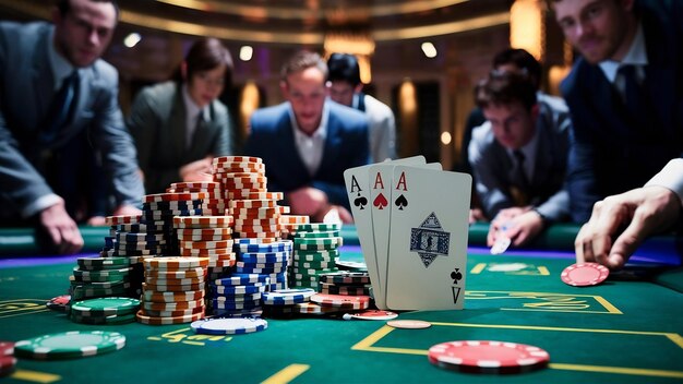 Une pile de jetons de casino et une couleur royale sur une table de poker verte