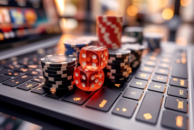 pile de jetons et de dés pour parier sur le clavier d'ordinateur portable Concept de jeux de cartes de jeu dans les casinos en ligne