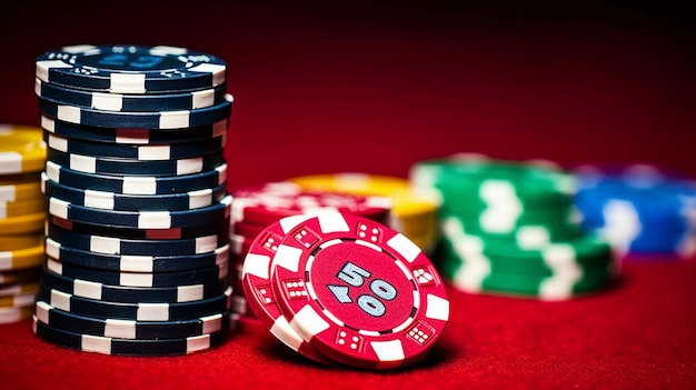 Une pile de jetons de poker à côté d'une table de poker rouge avec le numéro 50 dessus.