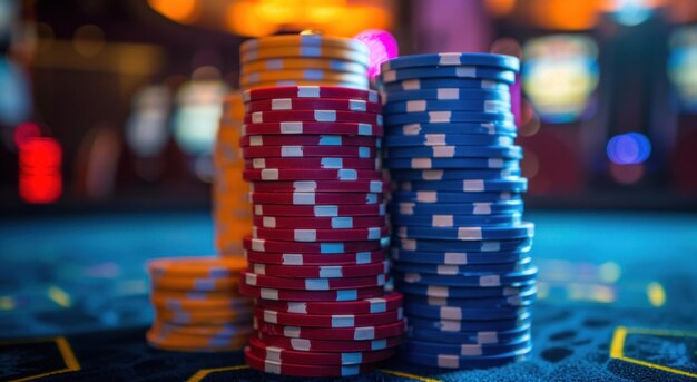 une pile de jetons de poker devant des lumières dans une salle de casino