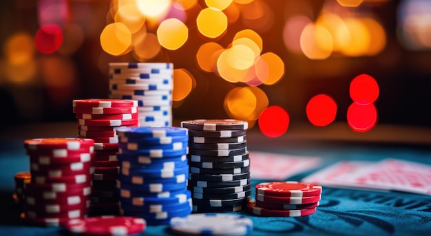une pile de jetons de poker devant des lumières dans une salle de casino