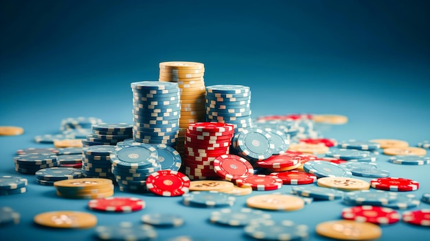 Une pile de jetons de poker sur fond bleu