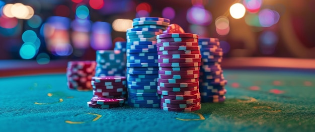 Une pile de jetons de poker sur la table verte