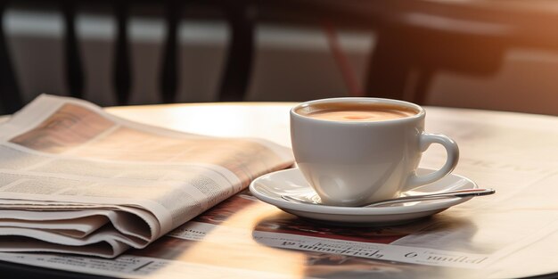 Une pile de journaux et une tasse de café sur la table