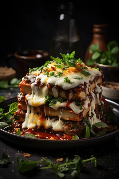 une pile de lasagnes sur une assiette