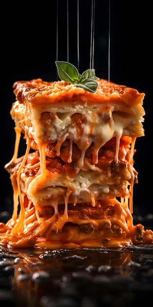 Une pile de lasagnes avec une tranche de fromage sur le dessus