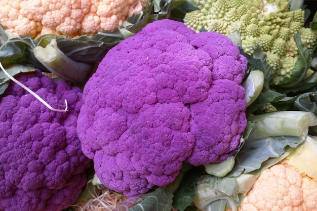 Pile de légumes crucifères colorés sur une échoppe de marché
