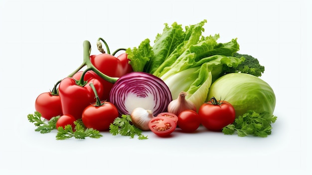 Une pile de légumes frais sur un fond blanc