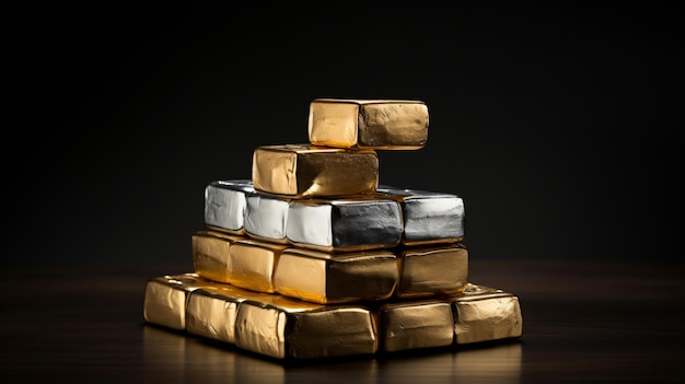 Photo une pile de lingots d'or et d'argent