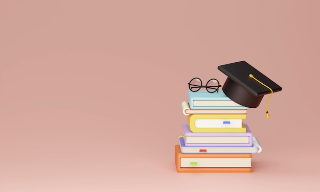 Pile de livre avec chapeau de graduation sur fond rose illustration de rendu 3d