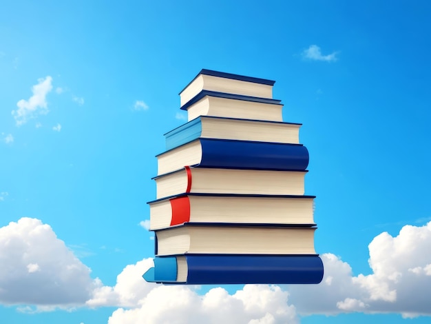 Pile de livres abstraits avec sur ciel avec fond de nuages allant sur une énorme pile de livres