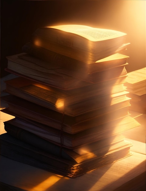 Une pile de livres anciens aux pages jaunies par le temps illuminées par un seul rayon de soleil