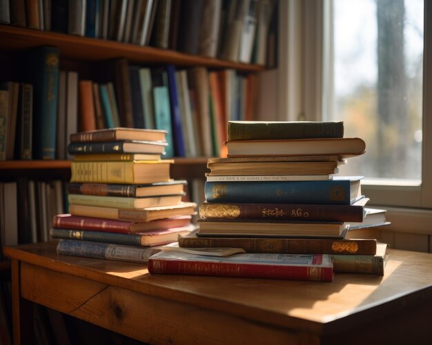 Une pile de livres assis sur une table en bois