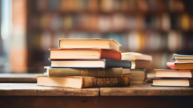 Une pile de livres assis sur une table.