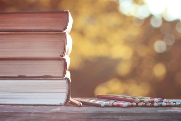 pile de livres d'automne en bois en plein air