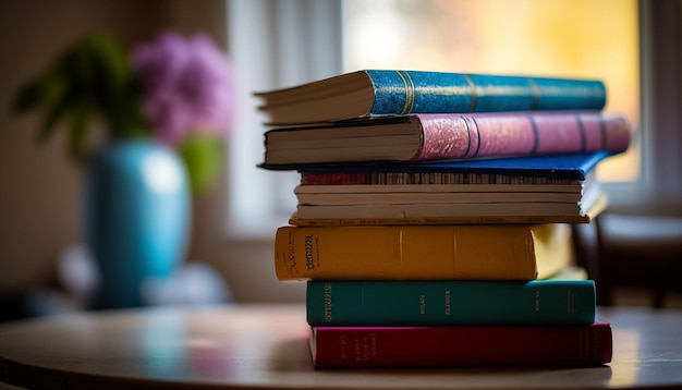 Une pile de livres aux dos colorés représentant la joie de lire et d'apprendre