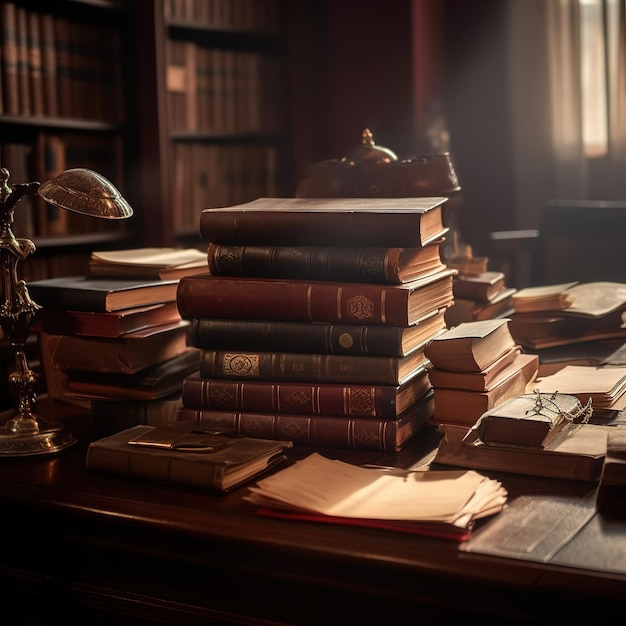 Une pile de livres sur un bureau avec une lampe