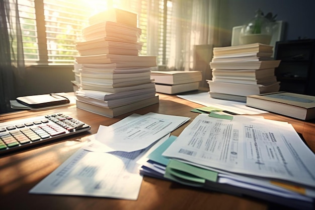 une pile de livres avec une calculatrice sur le bureau.