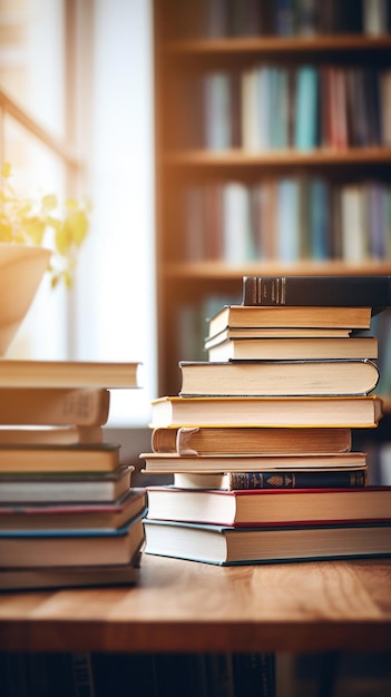 Une pile de livres et de cantovares sur une table en bois et une étagère floue dans la salle de la bibliothèque