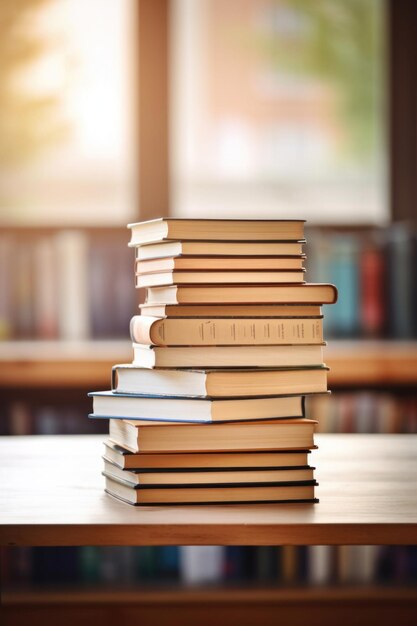 Une pile de livres et de cantovares sur une table en bois et une étagère floue dans la salle de la bibliothèque