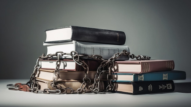 Pile de livres avec chaîne et cadenas sur table en bois ai générative