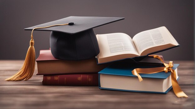 une pile de livres avec un chapeau de diplôme au-dessus.