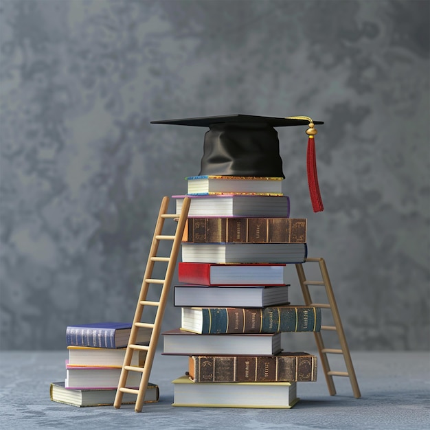 une pile de livres avec un chapeau de graduation sur le dessus