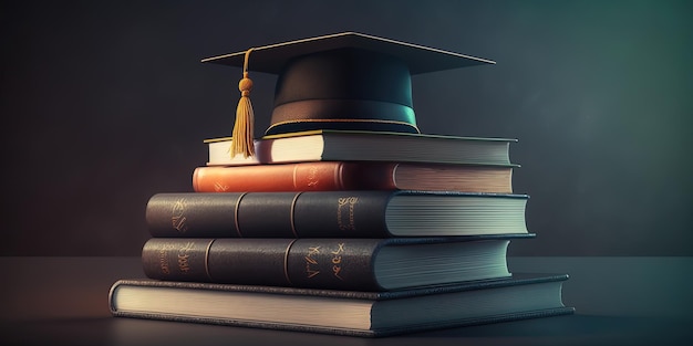 Pile de livres et un chapeau de graduation sur un fond de tableau AIGenerated